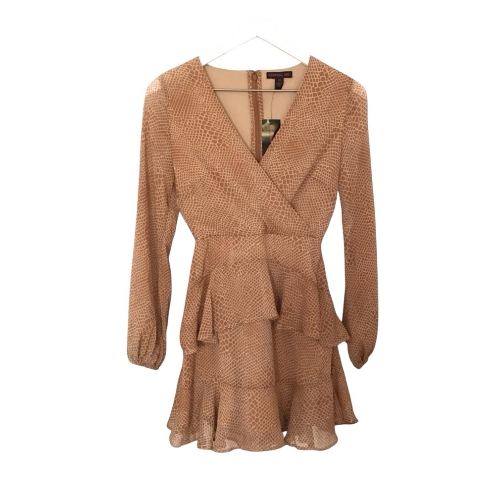 NWT Material Girl Animal Print Tan Ruffle Tie Wrap Dress Size XS - Picture 4 of 13